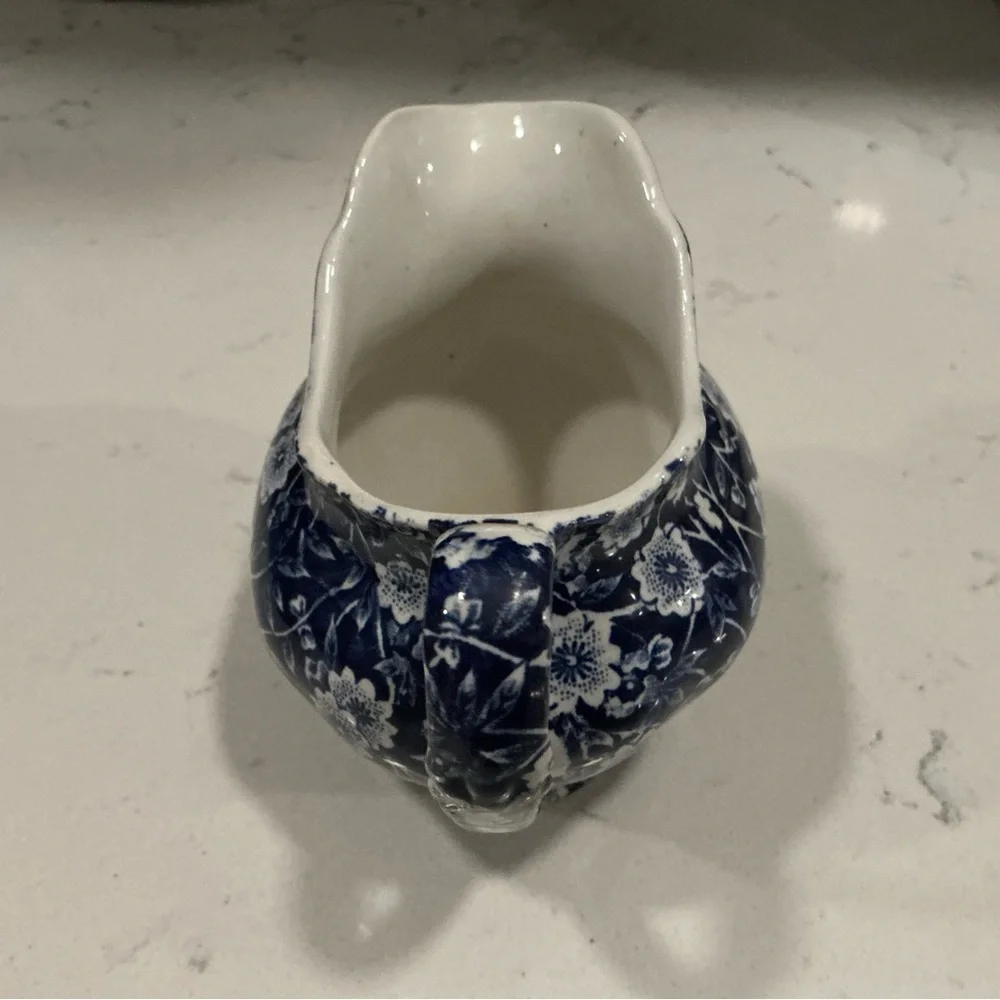 Calico Staffordshire Floral Blue and White Ceramic creamer dish 4”